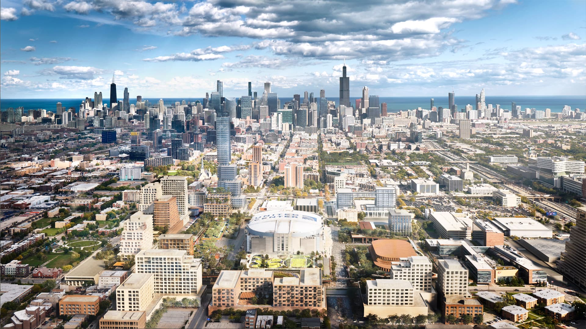 Neighborhood after with new buildings and greenspaces